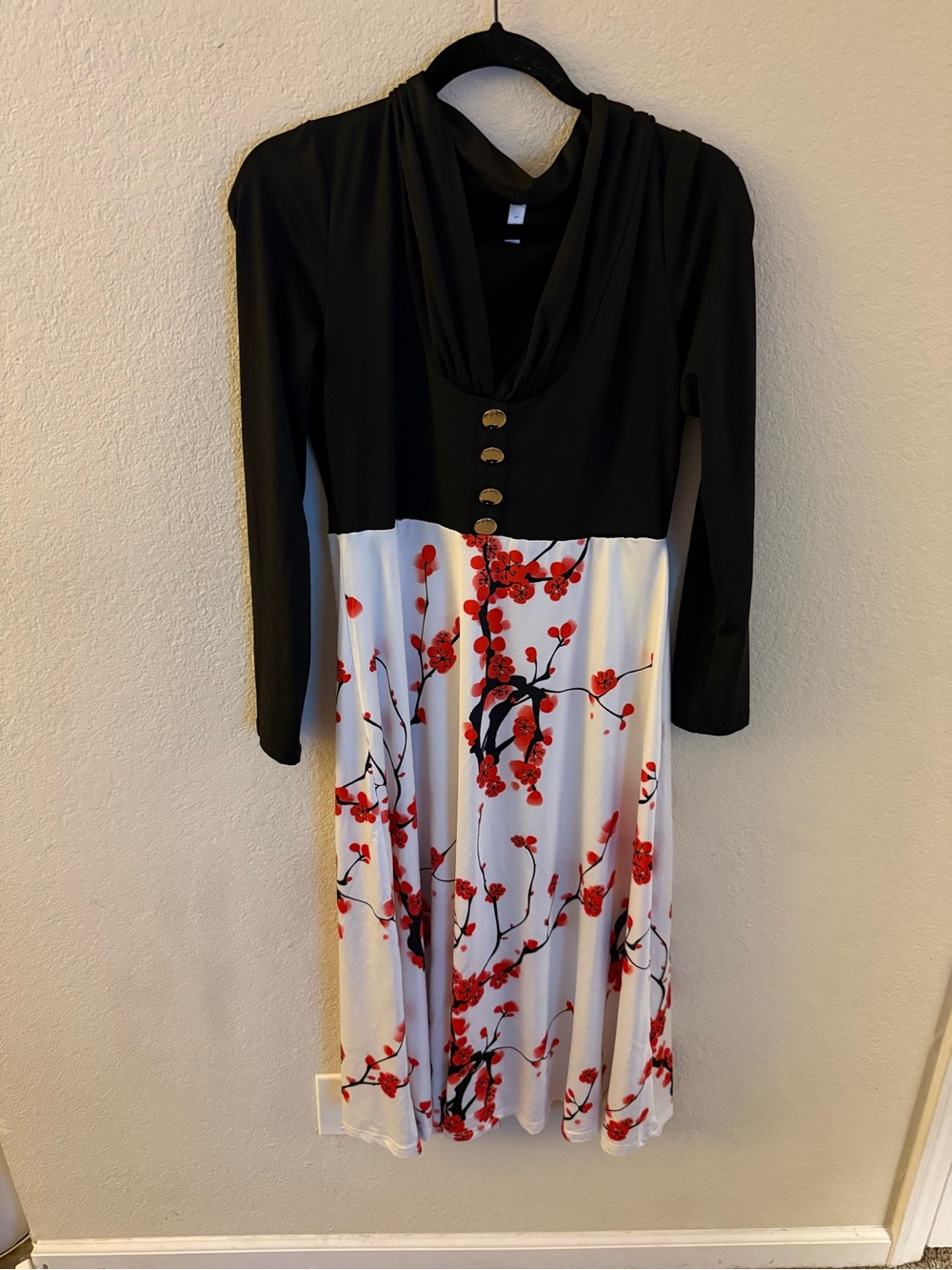 Black and White Floral Midi Dress with Red Cherry Print